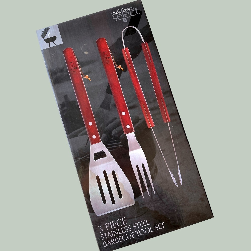 NEW 3 Piece Stainless Steel Barbecue BBQ Tool Set‎ Wood Handles Chefs Basics